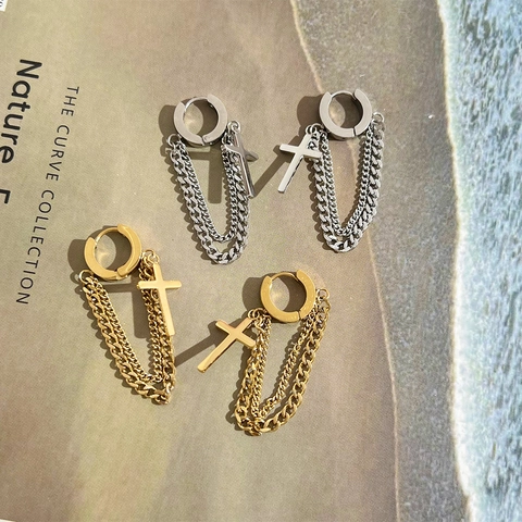 Stainless Steel Hoop Earrings With Double Layer Chain Tassel And Cross Pendant Punk Gothic Long Dangle For Women