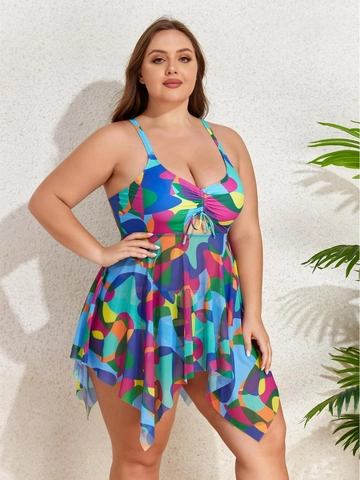 Top E Slip Costume Da Bagno Tankini Taglie Forti Donna Stampa Geometrica Astratta Coulisse Spalline Orlo Irregolare