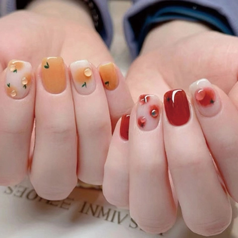 Short Square Press On Nails Glossy Fruit Pattern Orange Tomato Cute Sweet Style Artificial False Nails With Glue