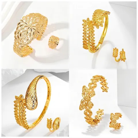 Nahöstlicher Luxus Kupfer Vergoldet Hohl Armband Und Ring Ethnische Blume Blatt Schmetterling Schmuck Für Damen