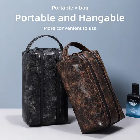 Herren Kulturbeutel Vintage PU Leder Wasserdicht Große Kapazität Reise Waschtasche Organizer Mit Doppelreißverschluss Und Griff