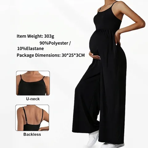 Umstandsoverall Spaghettiträger Weites Bein Hohe Taille Bauchstütze U-Ausschnitt Rückenfrei Polyester Elasthan Lässig