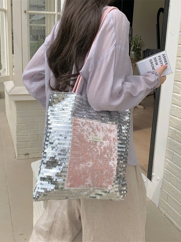 Women Sequin Velvet Patchwork Tote Bag Shiny Large Capacity Shoulder Handbag Trendy Sparkly Casual Street Style