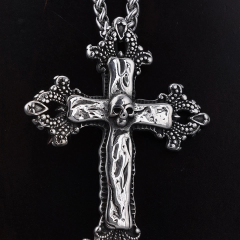 Gothic Skull Cross Pendant Necklace Stainless Steel Vintage Distressed Punk Streetwear Jewelry For Men