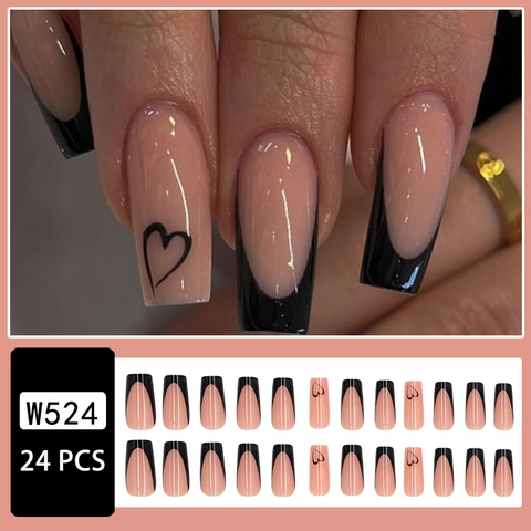 Faux Ongles Press On Noir French Tip Cœur Design Carré Long Ongles Artificiels Base Nude Kit De Manucure Portable