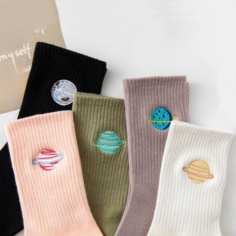 Planet Stickerei Crew Socken Gerippte Baumwolle Streetwear Unisex Wadenhoch