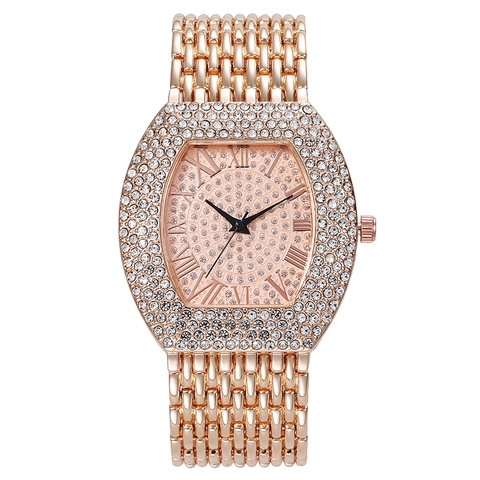 Women's Quartz Watch Full Rhinestone Iced Out Roman Numerals Fashion Luxury Metal Link Strap Jewelry Clasp Round Large Dial