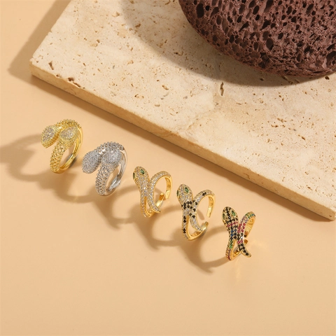 Hollow Snake Open Ring Copper Cubic Zirconia Micro Pave Animal Serpent Adjustable Jewelry For Women Retro Fashion Style