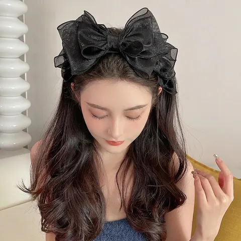 Diadema Con Lazo Grande De Malla En Capas Retro Francés Banda Para El Cabello De Tul De Ala Ancha Tocado Elegante Para Mujeres