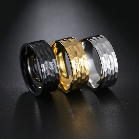 Hammered Titanium Steel Ring Vintage Punk Wide Band For Men Women