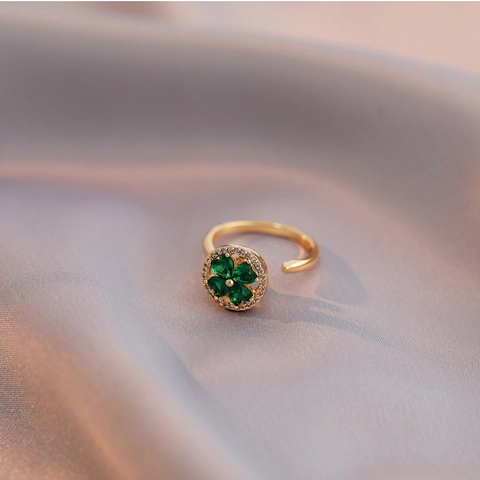 Elegant Clover Adjustable Ring Gold Plated Alloy With Emerald Green Zircon And Sparkling Rhinestones For Women