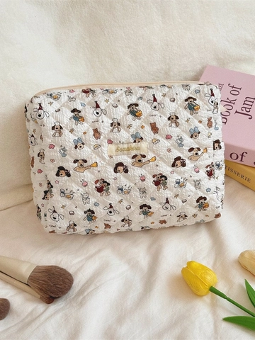 Trousse De Maquillage En Coton Matelassé Grande Capacité Organisateur Cosmétique Portable Voyage Dessin Animé