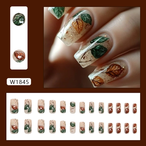 Autumn Leaf Design Press On Nails Glitter Square Oval Shape ABS Plastic For Women DIY Manicure