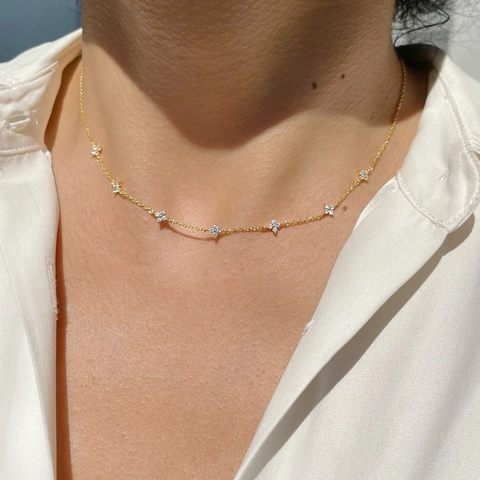 Collana Fiore Quadrifoglio Con Zircone Micro Pavé Ottone Gioielli Eleganti Per Donna Placcato Oro E Argento