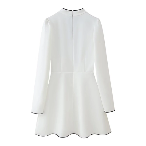 Elegant Women Long Sleeve Mini Dress Polyester Woven Stand Collar Bow Tie Black Contrast Trim White Socialite Style