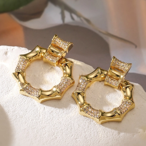 Orecchini Pendenti Geometrici In Rame Placcato Oro 18K Zircone Elegante Moda Per Donne Stile Di Alta Classe