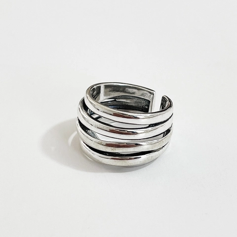 Retro Vintage 925 Sterling Zilveren Ring Meerlaagse Lijn Verstelbaar Brede Band Minimalistische Sieraden Voor Vrouwen