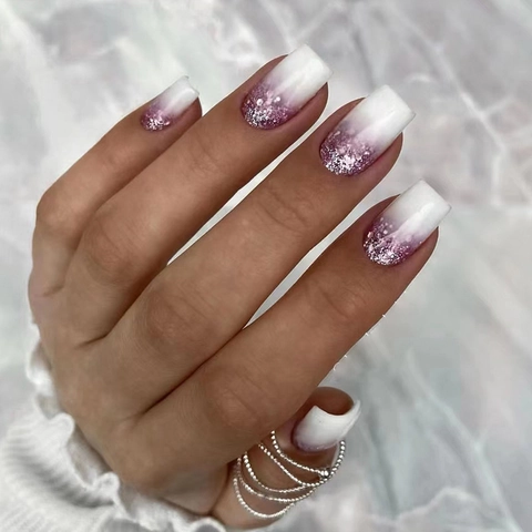 Purple Gradient Press On Nails With Silver Glitter Shimmer Medium Square Shape Artificial Fingernails For Women