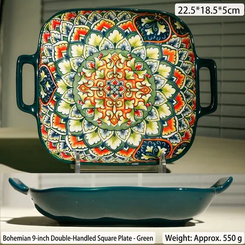 Plat de Cuisson en Céramique Bohémien Carré Double Poignée Assiette de Dîner Motif Floral Mandala Vintage Vaisselle de Cuisine