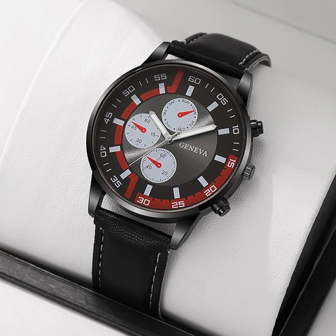 Men Business Quartz Watch With Leather Strap Alloy Case Sunray Dial Decorative Subdials Casual Dress Wristwatch