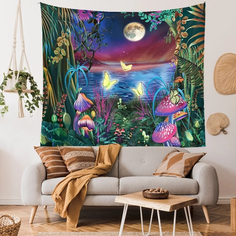 Arazzo Da Parete Foresta Fantastica Poliestere Fungo Luminoso Magico Luna Farfalla Sfondo Appeso Estetico Per Arredamento