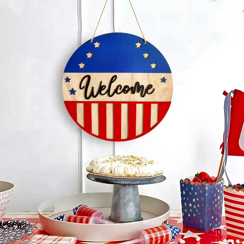 Independence Day Welcome Sign Wood Door Hanger Patriotic Wreath With Bow Stars And Stripes Rustic Home Decor July Fourth