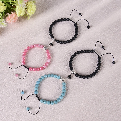 Magnetic Couple Bracelets Natural Stone Beaded Heart Suction Matching Hand Woven Adjustable Rope Gift For Lovers