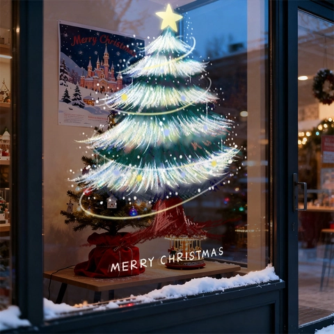 Christmas Tree Window Sticker Static Cling PVC Merry Christmas Star Holiday Glass Door Decoration Removable