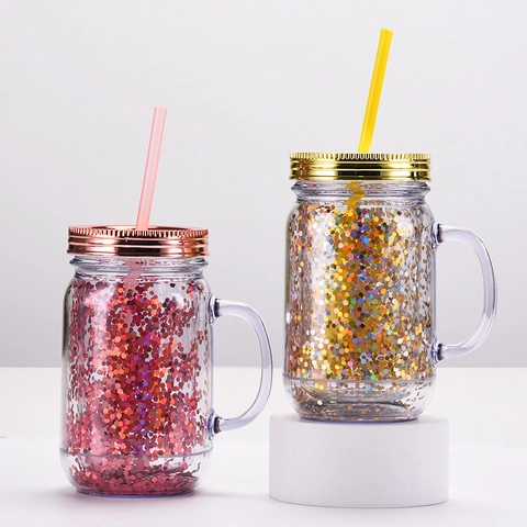 Double Layer Mason Jar Plastic Mug With Straw Handle Glitter Sequin Transparent Insulated Reusable Drinking Cup
