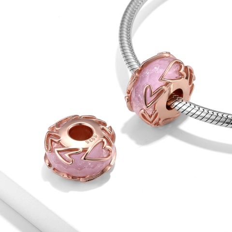 925 Sterling Silver Pink Faceted Murano Glass Heart Charm For DIY Bracelets Necklaces Rose Gold Plated Hollow Jewelry Bead