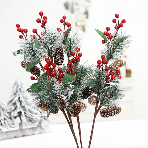 Artificial Christmas Pine Branches Stems With Red Berries Natural Pine Cones Faux Snow Frosted For Holiday Vase Decor