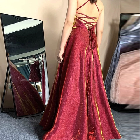 Sequin Evening Gown Spaghetti Strap High Slit Lace Up Back Floor Length Formal Party Dress For Women