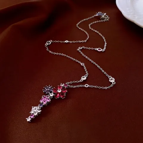 Flower Pendant Necklace Copper With Multi Color Zircon Tassel Clavicle Chain Fashion Jewelry For Women
