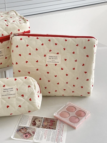 Quilted Cotton Cosmetic Bag Red Heart Pattern Makeup Organizer Zipper Toiletry Storage Pouch Women Girls Sweet Cute Travel