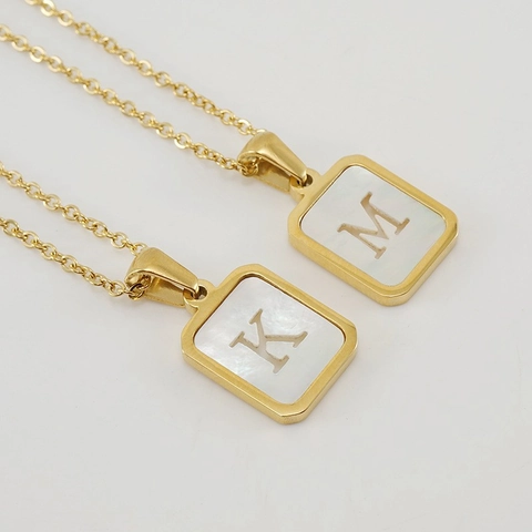 Stainless Steel Initial Necklace 18K Gold Plated Mother Of Artificial Pearl Shell Inlay Square Hollow Pendant For Women