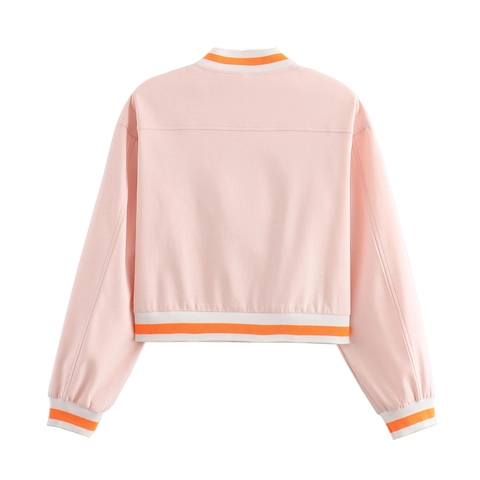 Dames Roze Kort Varsity Jack Polyester Lange Mouwen Gestreepte Ribboord Knoopsluiting Casual Mode Bovenkleding