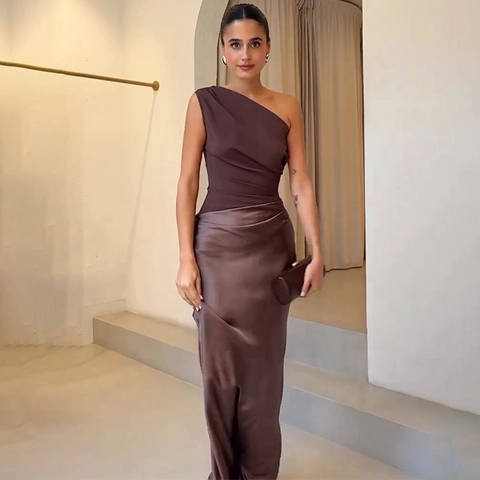 Abito Lungo Monospalla In Raso Arricciato Senza Maniche Sexy Vestibilità Aderente Vita Alta Elegante Festa Serale Estate Donna