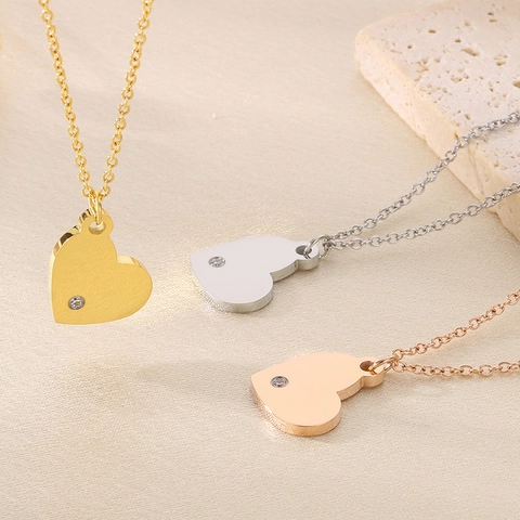 Collana Pendente Acciaio Inossidabile Cuore Tondo Rettangolo Incisione Good Luck Rhinestone Stile Coreano Gioielli Donna