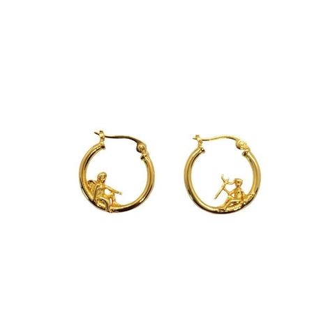 Boucles d'Oreilles Créoles en Argent Sterling 925 Plaqué Or Ange et Diable pour Femmes Vintage Cupidon Relief Petites Boucles d'Oreilles Rondes Bijoux de Mode Cadeau