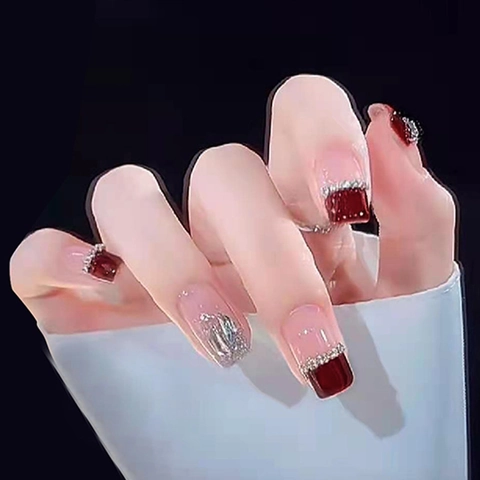 Uñas Postizas Press On French Gradiente Rojo Vino Pedrería Purpurina Elegante Para Mujeres