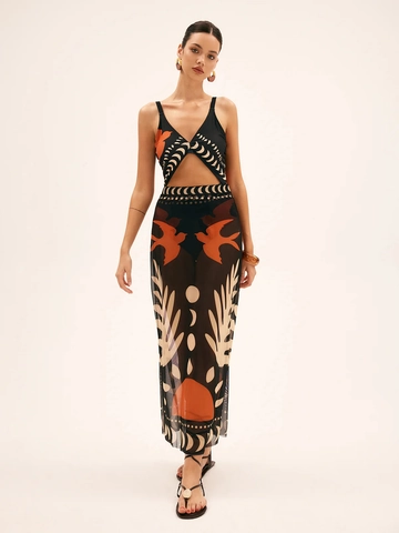 Vintage Print Mesh Maxi Jurk V-Hals Mouwloos Cut-Out Hoge Taille Strand Vakantie Lange Zomerjurk Voor Dames