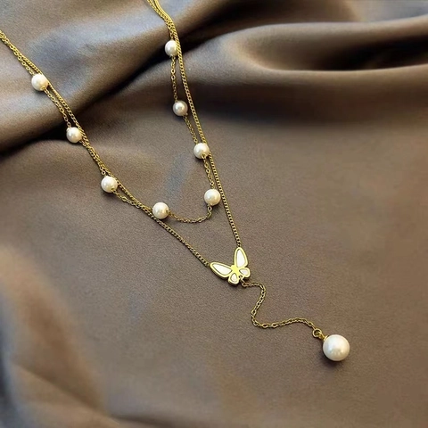 Doppellagige Halskette Schmetterling Anhänger Titanstahl Mit Künstliche Perlenimitation Und Weißer Muschel Elegante Quaste Y Kette Für Damen
