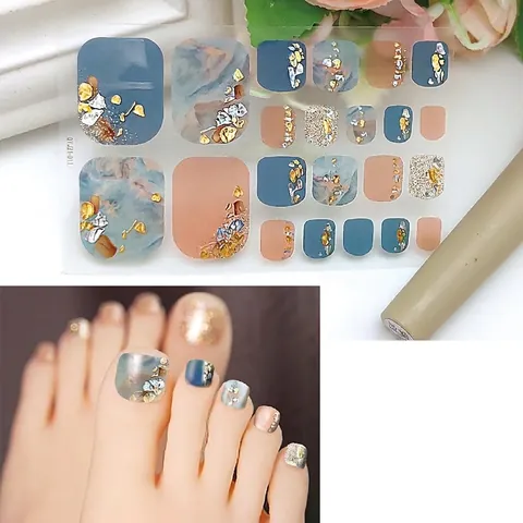 Waterproof Toe Nail Stickers Glitter Rhinestone Marble Design Adhesive Foot Art Decals Summer Style Elegant Pedicure Decoration