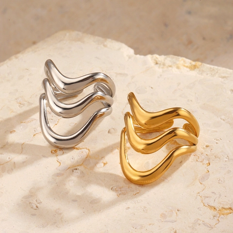 Stainless Steel Wave Open Ring Women Minimalist Multi Layer Irregular Geometric Adjustable Gold Plated Fashion Jewelry