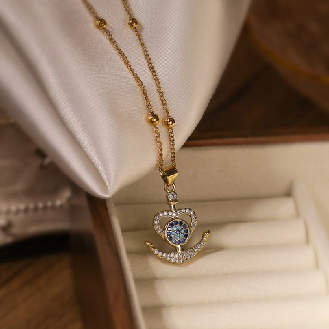 Boze Oog Hart Anker Sieraden Ketting En Oorbel Koper Verguld Met Zirkoon Trendy Ins Stijl Voor Vrouwen