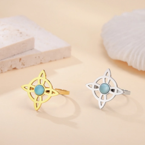 Vintage Stainless Steel Witch Knot Adjustable Ring For Women Gold Silver Plated Bohemian Geometric Turquoise Hollow Open Ring Fashion Jewelry Gift