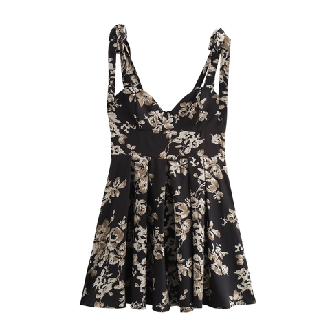 Women Floral Print Spaghetti Strap Mini Dress Tie Shoulder High Waist Pleated Elegant French Style Sleeveless Polyester