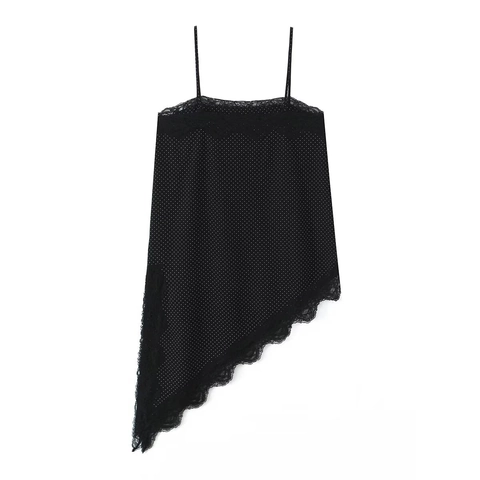 Canotta Da Donna A Pois Acrilico Bordo In Pizzo Orlo Asimmetrico Spalline Sottili Sexy Casual Streetwear Senza Maniche