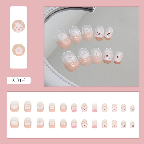 Press On Nails Cute Rabbit Flower Pink Gradient Short Round Artificial False Nails Cartoon Sweet Style