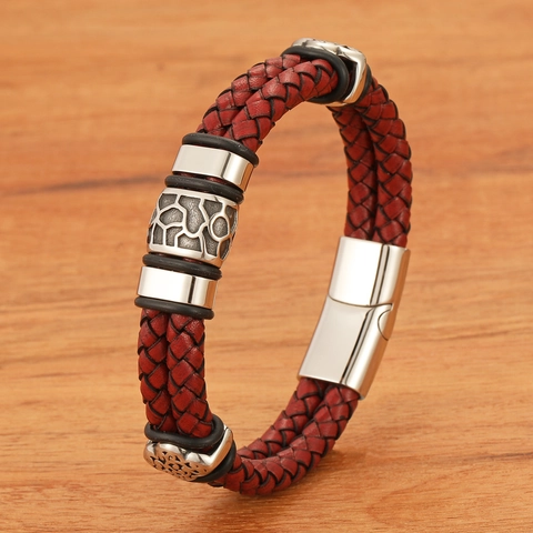 Men's Vintage Double Layer Woven Leather Bracelet With Titanium Steel Magnetic Clasp Geometric Accessories Jewelry